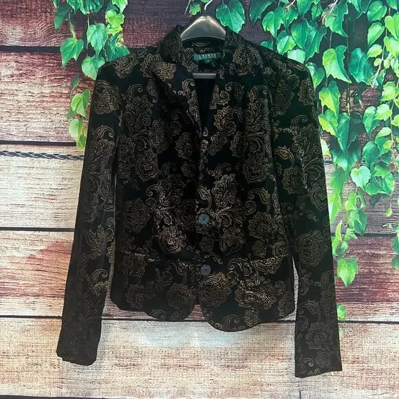Lauren Ralph Lauren Stretch Velvet Floral Blazer Jacket Black Gold $199 NYE - Picture 1 of 6